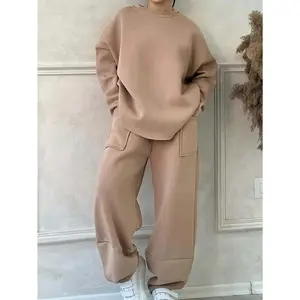 2pcs Women's Plus Size Oversized Oversuit Set - Oversized Wide-Leg Jogger Pants & Oversized Sweater-Like Top (No Collar) - Brown/Beige Solid Color, Loose Fit Winter Warmth, Machine Washable Casual & Dressy Outfits