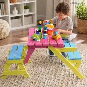 Compact Children's All-in-1 Solid Wood Furniture Set - Arch Armchair, Table, 2 Benches for Kids' Tables & Desks