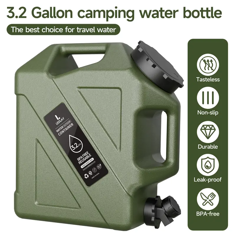 Sturdy Portable Plastic Camping Water Bucket - 3.2Gal (2000+ ml), BPA-Free, Leak-Proof Spigot Included, Non-Slip Carry Handle, Camping Accessories, Home Emergency Supplies