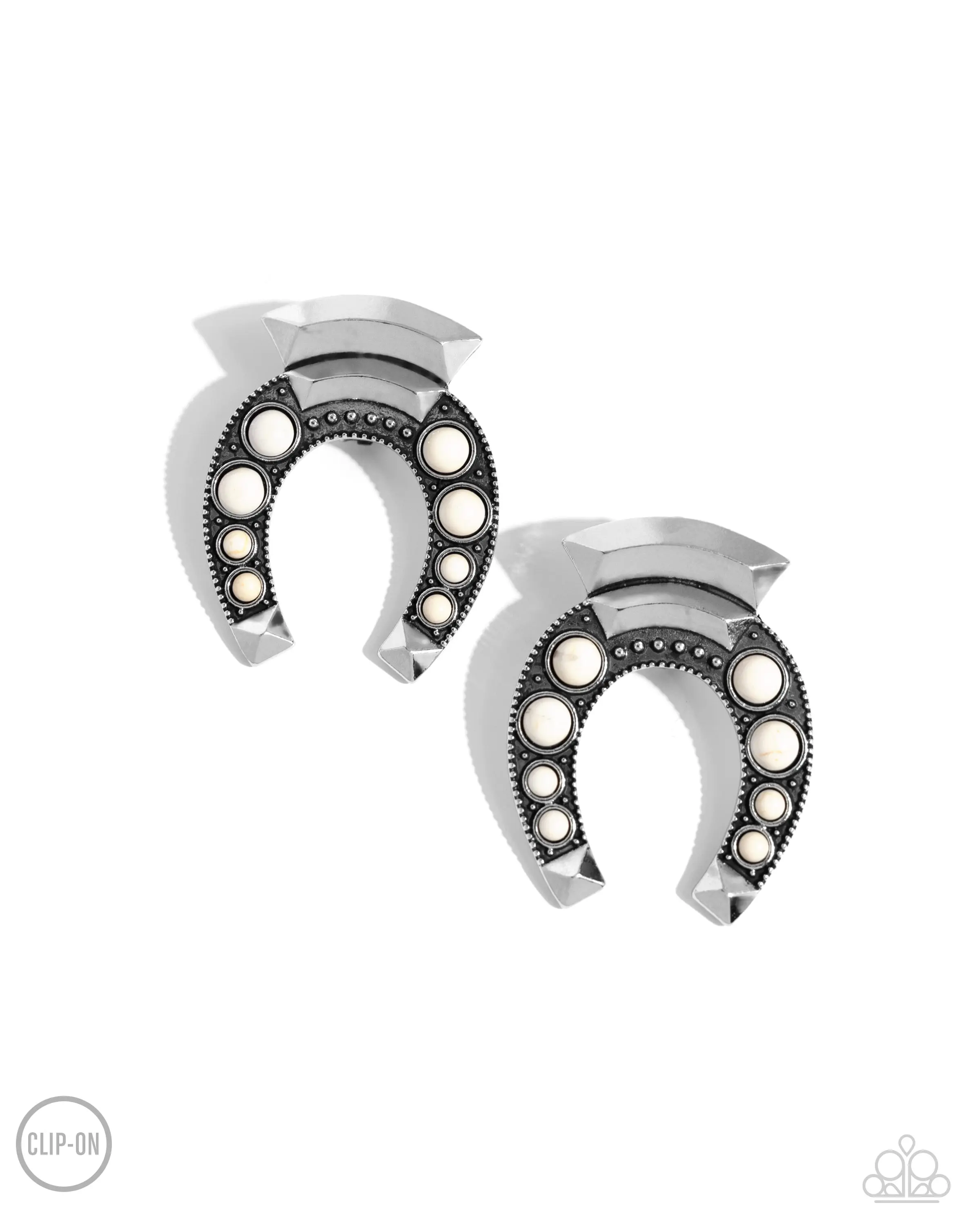 Harmonious Horseshoe - White Stone Silver Cowboy Clip-On Earrings - Paparazzi