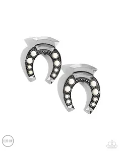 Harmonious Horseshoe - White Stone Silver Cowboy Clip-On Earrings - Paparazzi