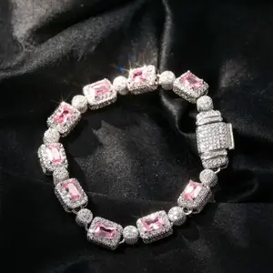 Gold inlaid pink moissanite hip-hop bracelet European and American ins style mixed diamond 7/8 inch simple versatile fashion accessory