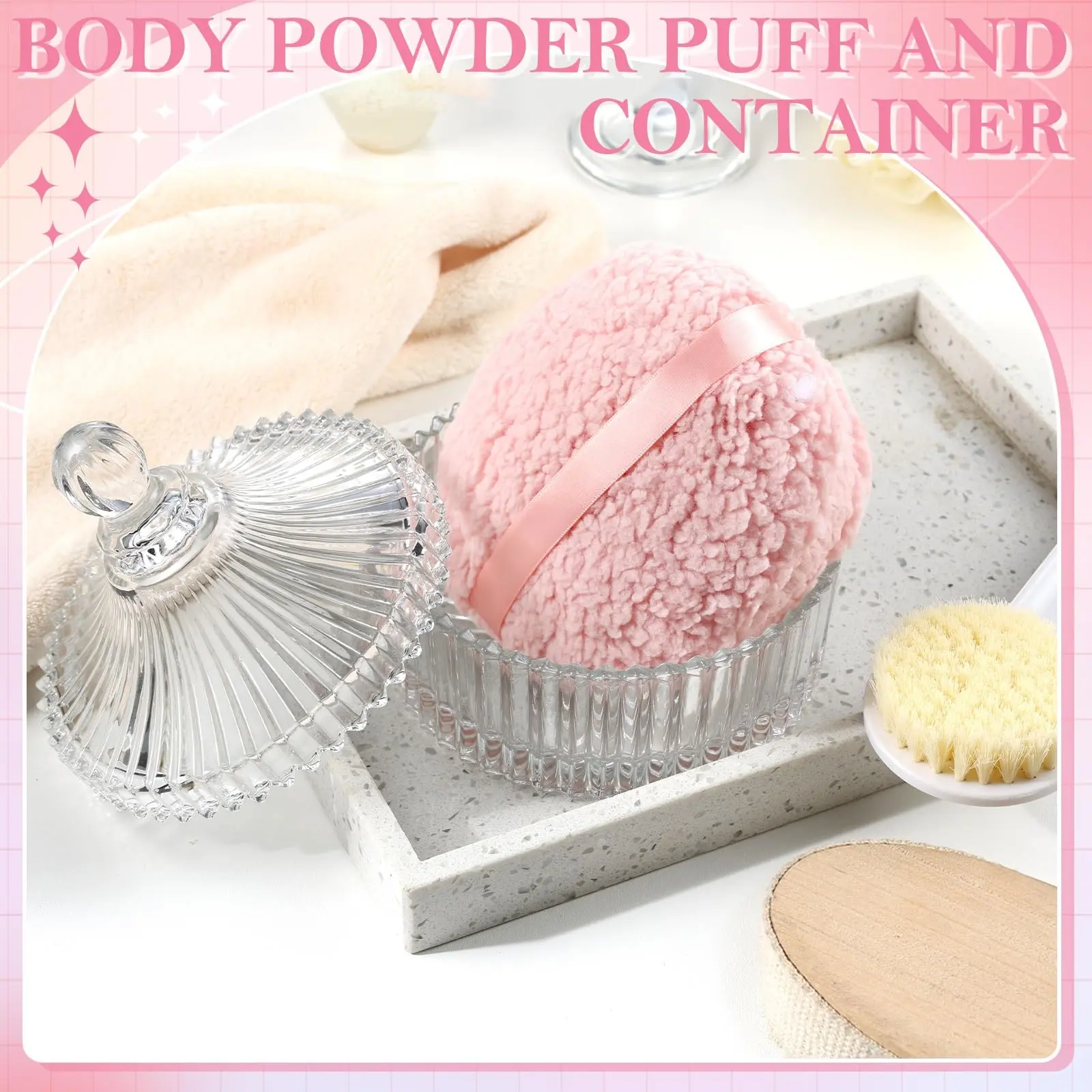 Powder Puff and Container, Large 6 Inch, Glass Powder Jar | Glass Container with Body Powder Puff, Dusting Powder Puff and Container
