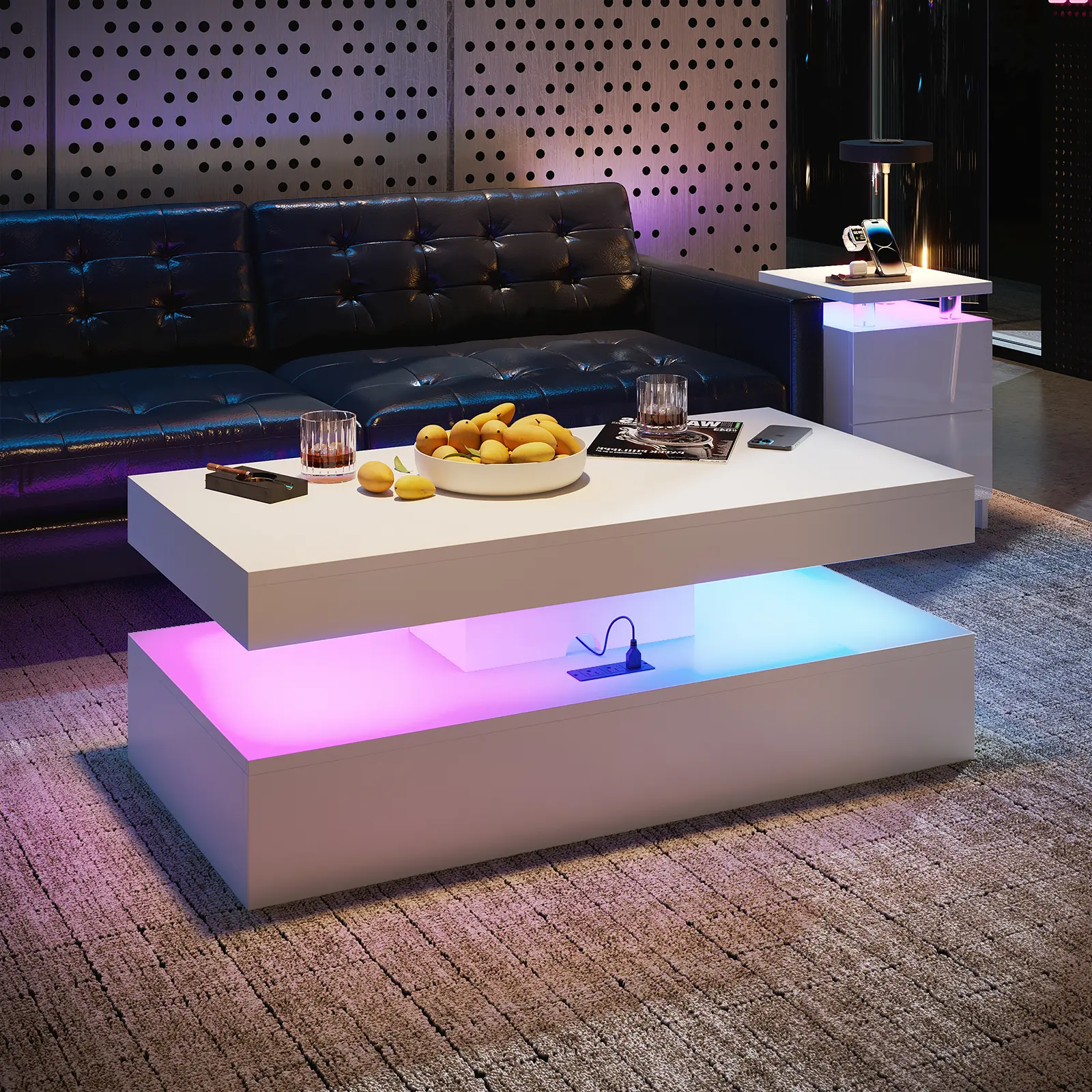 Jolydale 47” High-Glossy LED Coffee Table with 2 Sliding Drawers, Living Room Storage Coffee Tables, Modern Stylish Double-Layer Center Tables with LED Lights, White/Black