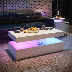 Aoxun 47” High-Glossy LED Coffee Table with 2 Sliding Drawers, Living Room Storage Coffee Tables, Modern Stylish Double-Layer Center Tables with LED Lights, White/Black
