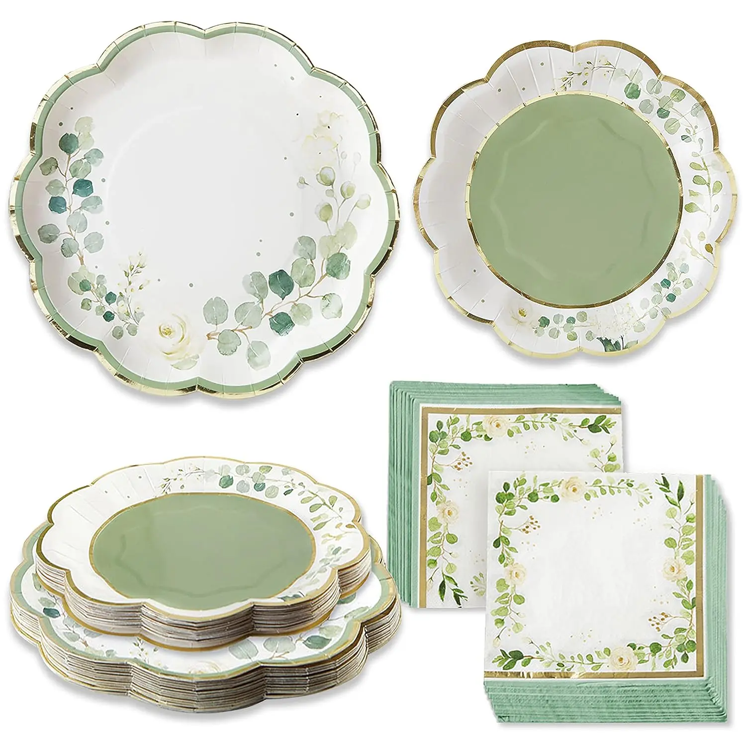 62PCS Sage Green Botanical Party Tableware Set – Eucalyptus-Themed Plates, Cups, and Napkins for Baby Showers, Bridal Events, or Garden Celebrations