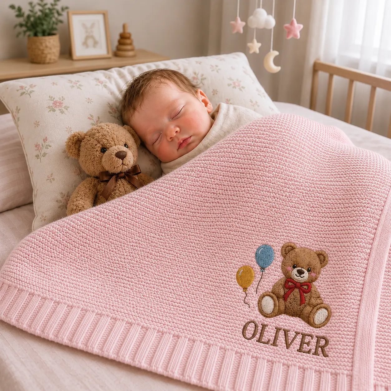 [Made-to-Order] Personalized Teddy Bear Balloon Embroidered Baby Blanket, Custom Name Knit Baby Blanket, Woodland Nursery Keepsake, Newborn Baby Shower Gift