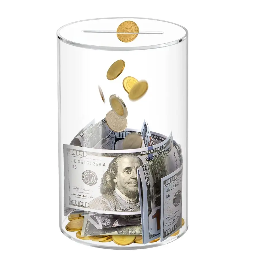 Clear Acrylic Transparent Cylindrical Decorative Piggy Bank - Money Saving Coin Jar, Builds Financial Discipline - for Office & Home Decor & Ornaments - Cash Saving Box, Money Savings Box