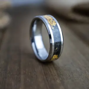 The Molten, Tungsten Carbide Obsidian Stone Ring, Men's Gold Wedding Ring, Lava Rock Ring, Anniversary Gift, Wedding Band For Men