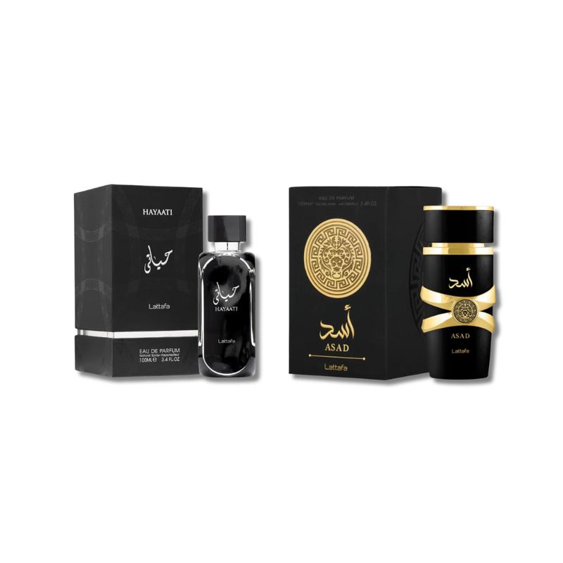 Lattafa Perfumes | Asad + Hayaati Black | Men's Fragrance | 3.4 oz Per Bottle Eau De Parfum Scent Blend Pack Scented Cosmetic Aroma Cologne
