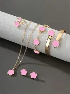 Mother's Day Gift Flower Design Matching Jewelry Set, Fashion Necklace Bracelet Earrings Bangle Ring for Party, Daily Clothing Decor, Trendy All-match & Exquisite Jewelry for Birthday, Jewellery Gift Set