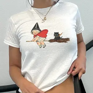 Cute Kitschy Witch Black Cat Halloween Y2k Aesthetic Baby Tee Kewpie Kiki Delivery Spooky Season Boo Basket Downtown Girl 80s Inspired Retro