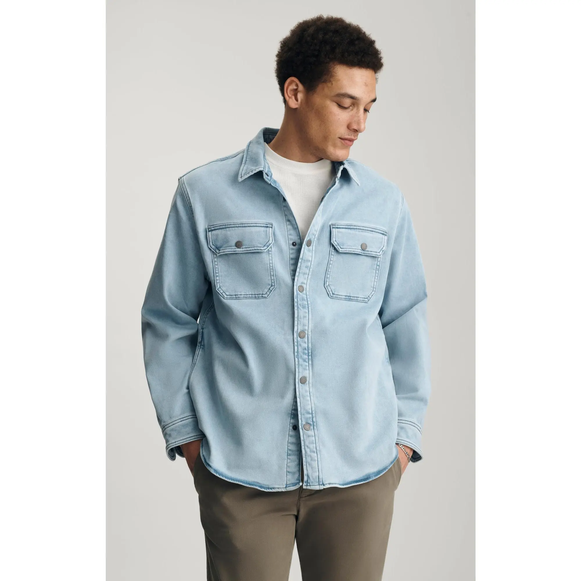 Mavi Men's Asher Classic Stretch Denim Overshirt - Long-Sleeve Casual Cotton Button-Up Top for Layering, Light-Wash Blue Clothes, Menswear Long-Sleeve Casual Shirts, Light-Wash Blue Long-Sleeve Casual Shirts