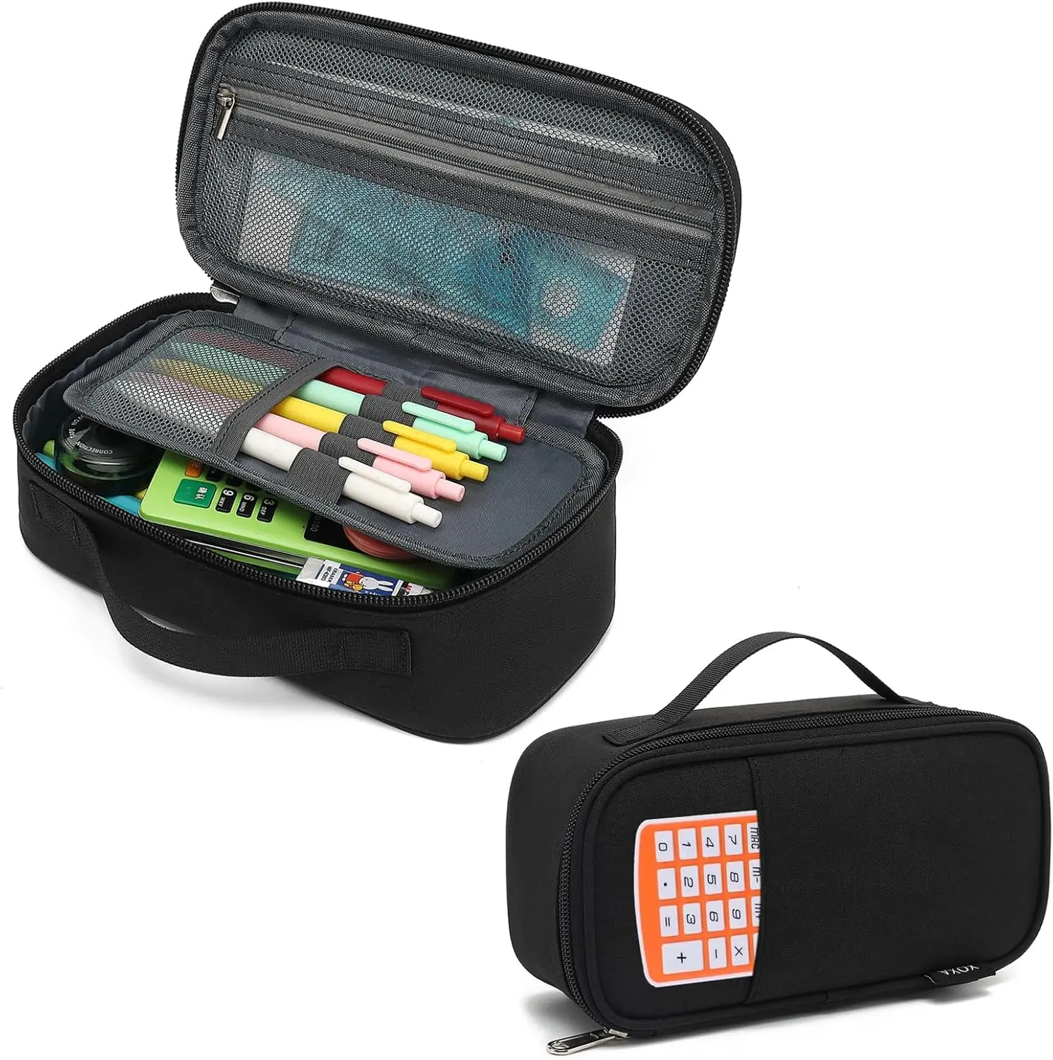 Back to School Large Capacity Pencil Case Multi-Slot Pencil Pouch Durable Pencil Box Portable Makeup Bag with Handle for Office (BLACK)