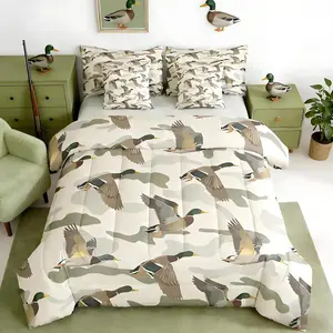 Wild Duck Camouflage 7 Piece Bedding Set Full Size Kids Duck Camo Comforter Set with Sheets,Pillowcases & Cushion Cover for Girls Huting Bed in a Bag Breat