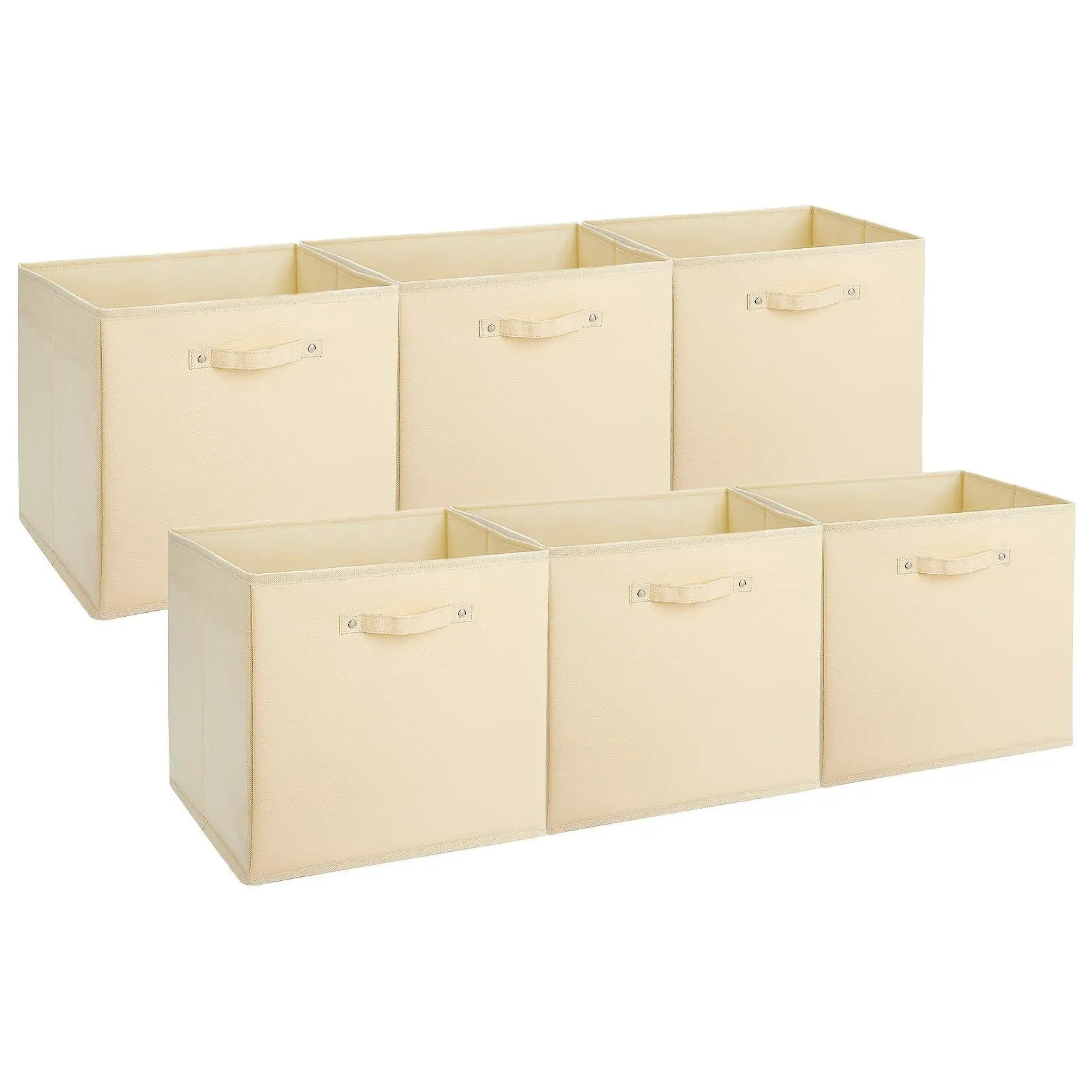 GARVEE 6-Pack 13in Fabric Storage Bins with Faux Leather Handles - Foldable Cube Organizer Baskets for Shelves, Closet Clothes & Toys Storage, Beige Decor