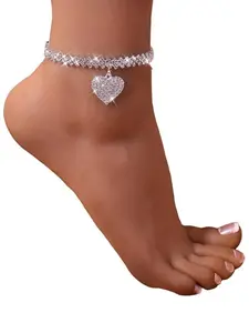 Double Layer Rhinestone Accents Foot Bracelet & Anklet Set, Heart Pendant Design, Fashion Jewelry Accessory, Elegant Women's Accessories