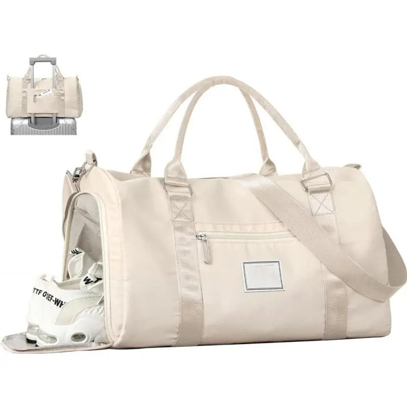Women's Robust High-Density Lightweight Gym Tote Duffle Bag - Travel Ready with Wet Pocket, Shoe Compartment, Multiple Pockets - Ideal for Travel, Swimming - Beige Overnight Carry-On for Girls, Lightweight Gym Bag, Dance
