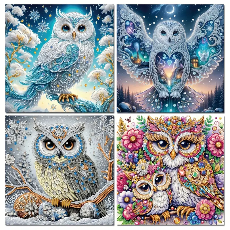 summerwins DIY 4-Piece 5D Round Drill Acrylic Owls Diamond Painting Kits - 11.81x11.81 inches Special Shape Partial Waterproof Crystal Rhinestone Craft, 5d shimmer detail, 1x diamond tray, Stress-Free DIY for Adults, Home Decor, Needlework Supply
