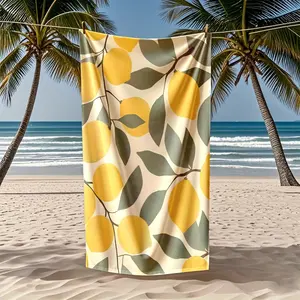 1 Piece Lemon Grove Beach Towel - Vibrant Yellow Lemon  Green Leaf Geometric Pattern Soft Terry Cloth Highly Absorbent Oversized Rectangular Towel Perfect for Pool Beach Summer  Coastal Adventures