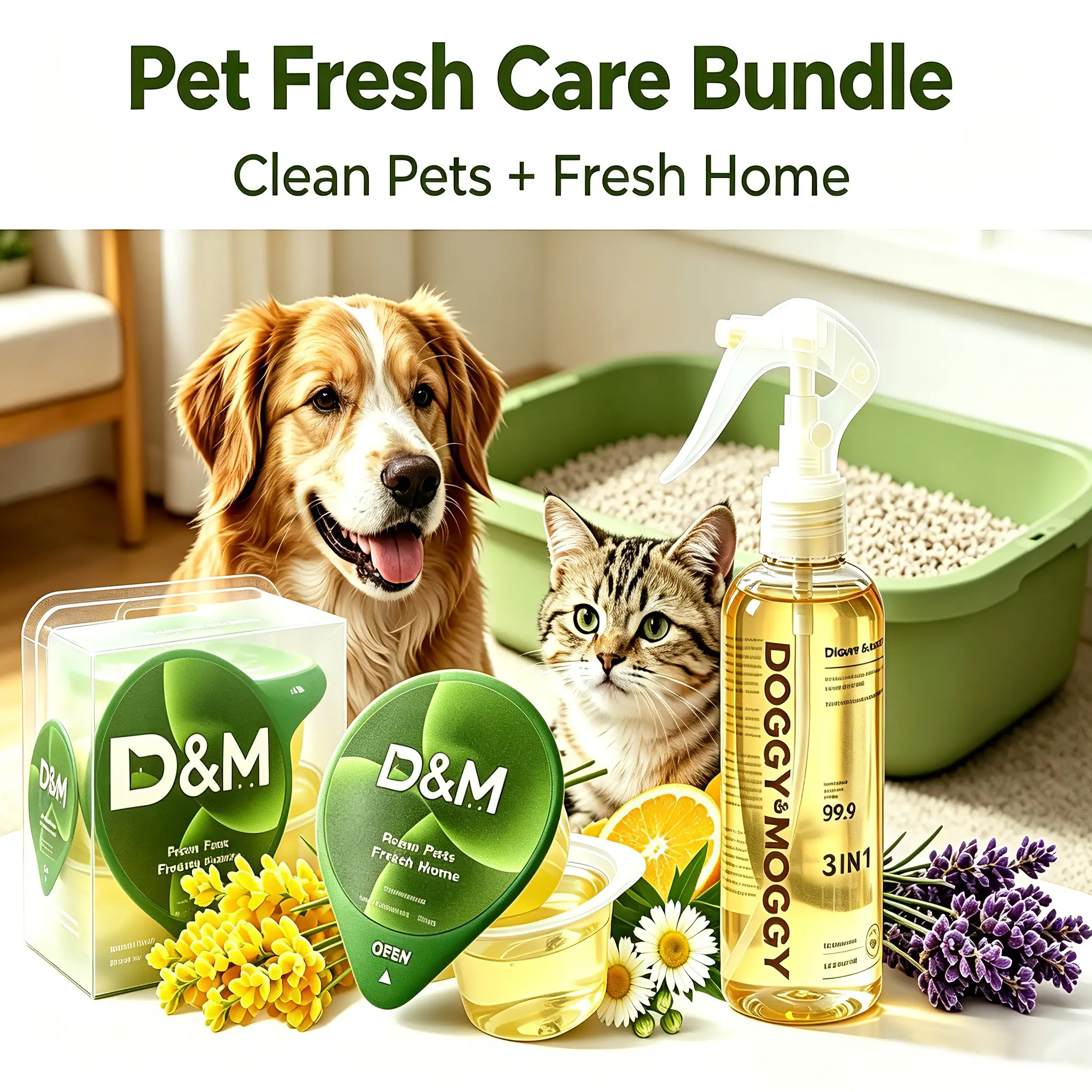DOGGY & MOGGY Pet Fresh Care Bundle, Bio-Enzyme Odor Eliminator Spray + No-Rinse Waterless Shampoo Jelly Cups, Tear-Free Formula, Pet & Kid Safe, Fresh Home & Clean Pet Solution for Dogs & Cats