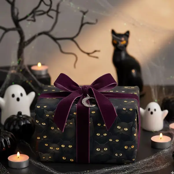 Black Cat Wrapping Paper Feline Gift Wrap Spooky Cat Eyes Halloween Paper Cat Lover Birthday Wrap Unique Kitten Party Paper Black Cat Eyes