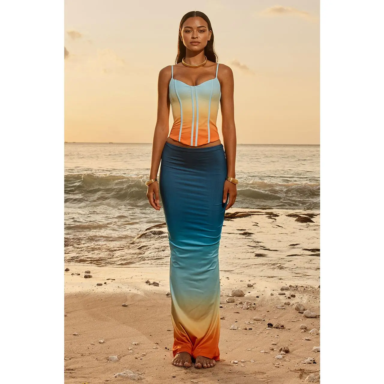 Aleo Maxi Skirt - Pina Colada Ombre Colorblock Mid Rise Elastic Waistband Lined Stretch Fabric Tropical Vacation Style