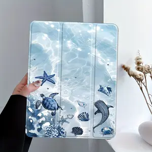 Fresh blues marine creature pattern, with adjustable stand and pen slot, foldable anti slip TPU protective case, suitable for Samsung, iPad mini, iPad Air, iPad Pro/iPad 10th generation, 11th generation and other series of iPad protective cases