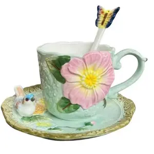 6oz Dolomite Ceramic Tea Cup and Saucer Set - Handcrafted 3D Hand-Painted Flower, Butterfly, Bird Design, Multi-Use Coffee Mug, Gift for Women