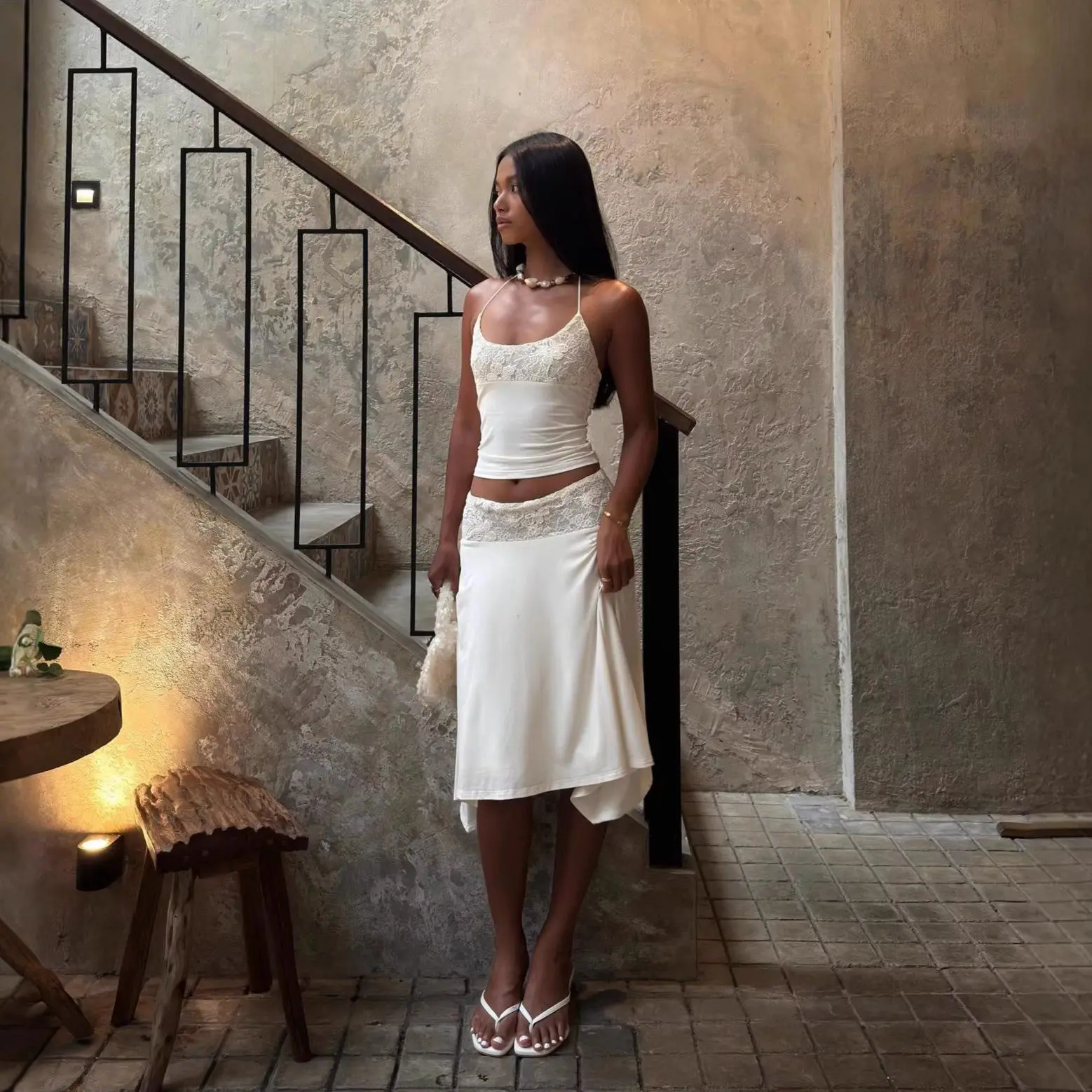 Niche Two-Piece Set: Strapless Tank Top and Asymmetrical Skirt, Overseas-Style Lace Patchwork Set for Women, Summer, Slim-Fit, Soft and Feminine Style
