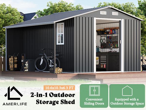 【Ships in Multiple Boxes】AMERLIFE Outdoor Storage Shed with Sliding Doors Two 4-Pane Windows, Open Outdoor Shed for Wood Storage, Dark Grey/White