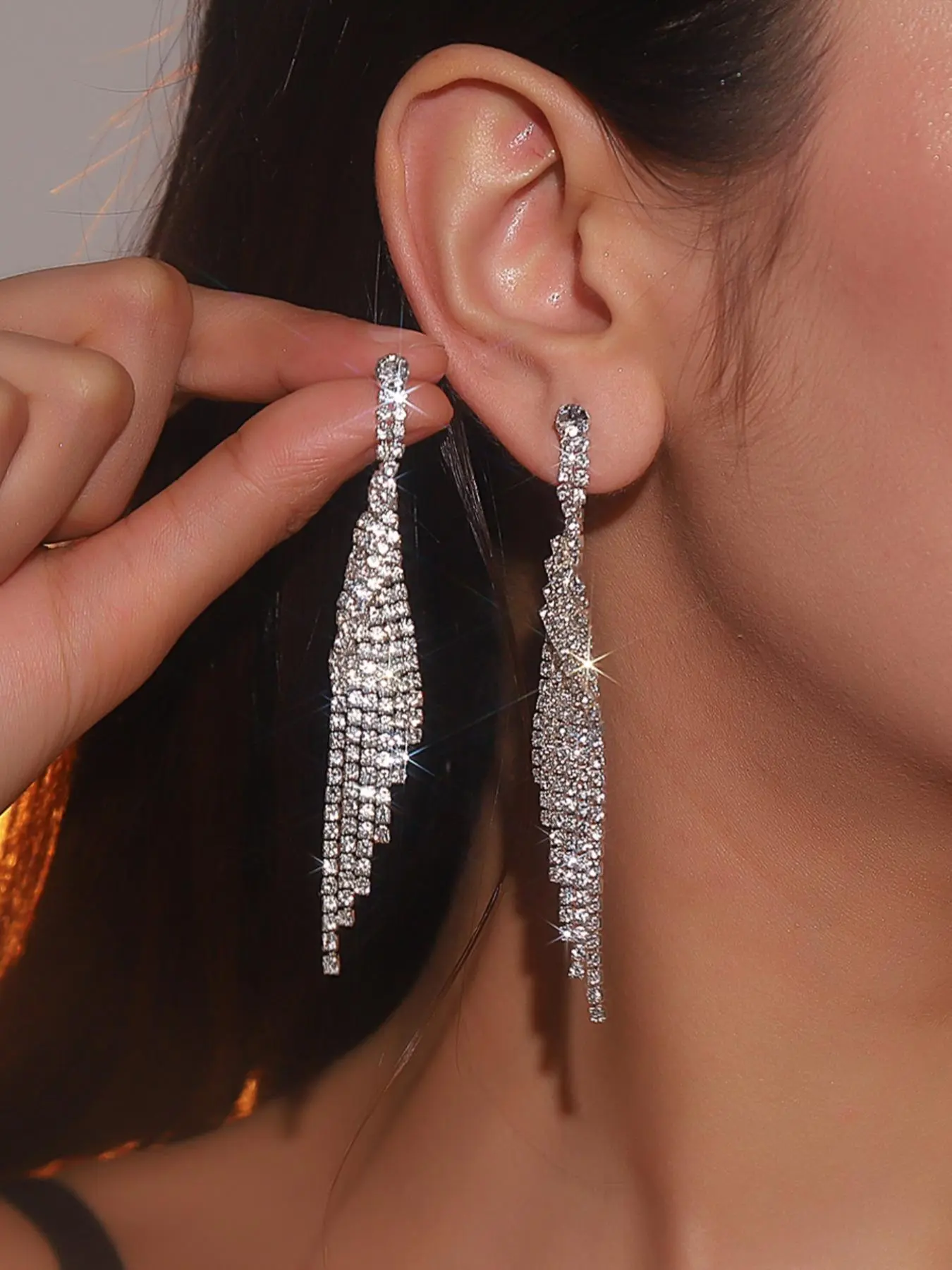 1 Pair Rhinestone Decorated Dangle Earrings, Dangling Earrings, Elegant Long Tassel Drop Earrings For Wedding Bridal Party Evening Formal Occasions, Fashion Jewelry Design For Women, Fashionable Jewelry Accessories
