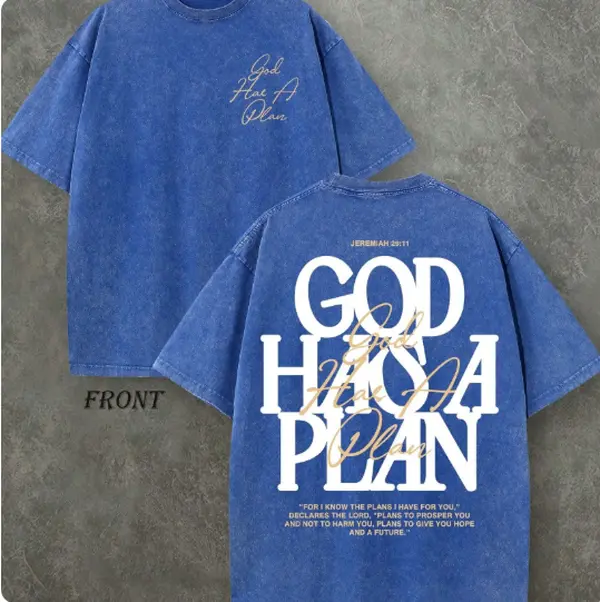 Unisex Vintage Washed "God Has a Plan" Double-Sided Graphic Tee - Classic Heavyweight Christian Streetwear, Loose Wide-Shoulder Fit, High-Quality Cotton Fabrics Fashion Casual Top for Men & Women