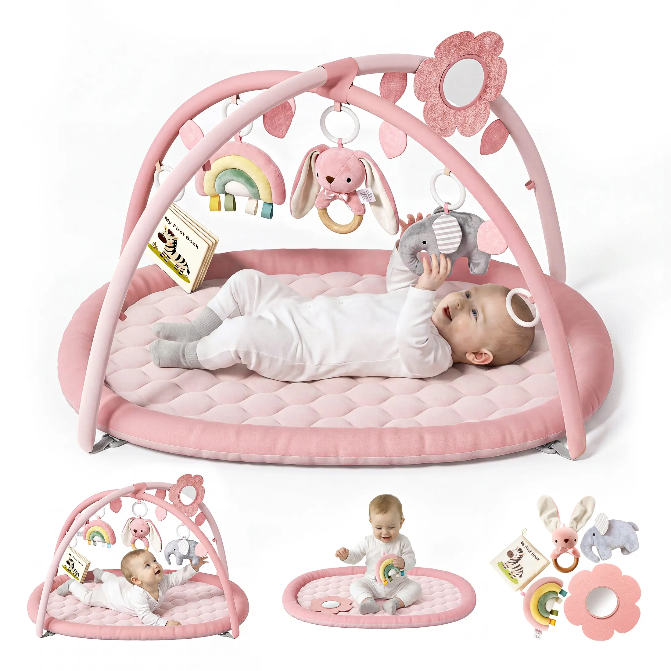 BabyBond Padded Play Mat - Polyester Velvet Playgym with 5 Detachable Hanging Animal Toys, Touch-Friendly Book, Nursery Development Mat for 0-18 Months Infants, Newborn Gift, Pink