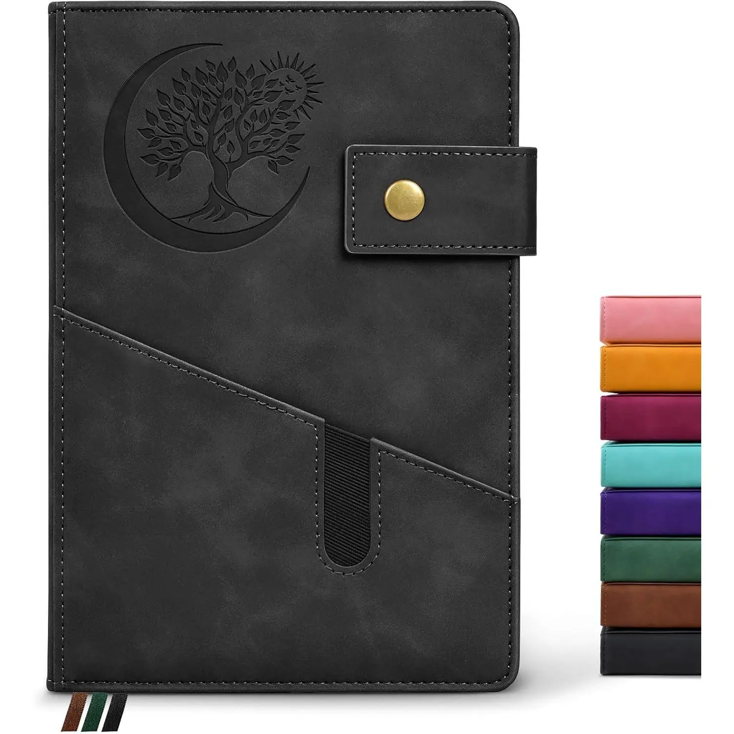 Durable A5 Hardcover Leather Blank Journal Notebook, 5.9 in x 8.4 in, 200 Pages Thick Unlined Paper, 180-Degree Lay-Flat Design, 3 Colored Ribbon Markers, Ideal for Writers, Sketching, with Durability & Ample Space (Black)