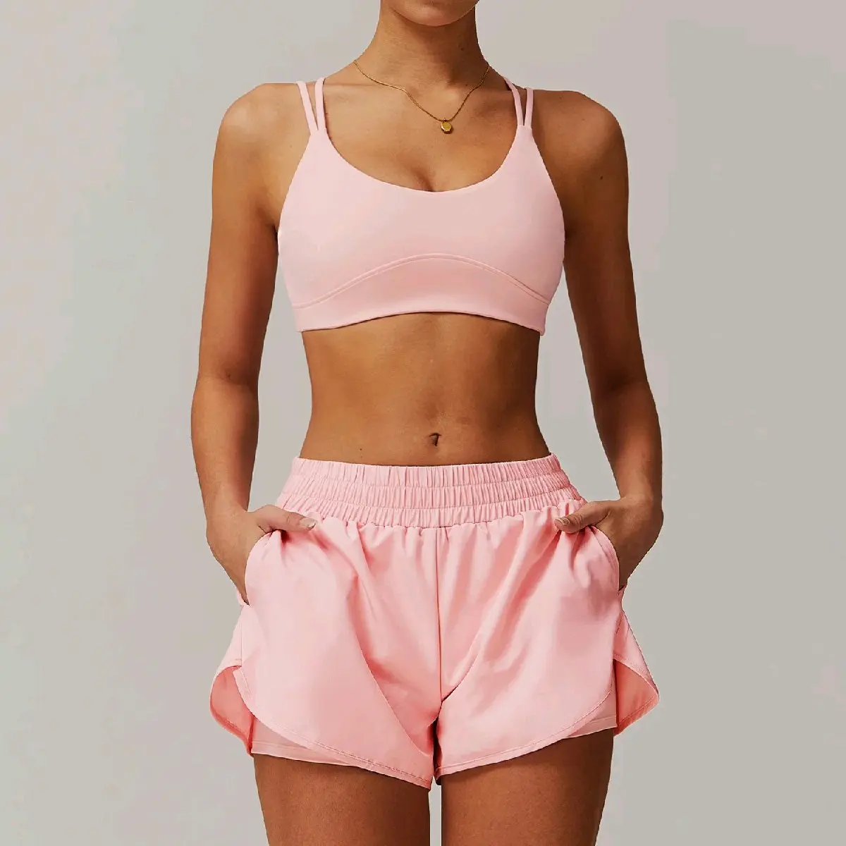 caeruleus Lalaland Bra & Short Set GC4001 Women's Slim Casual Shorts & Pocket Crisscross Bras Set for All Seasons in Nylon Fabric - Clothing
