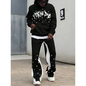 Gothic Star Print Sweatshirt Set, Oversized Long Sleeve Top & Wide Leg Pants, Street Style, Spring & Autumn Fashion