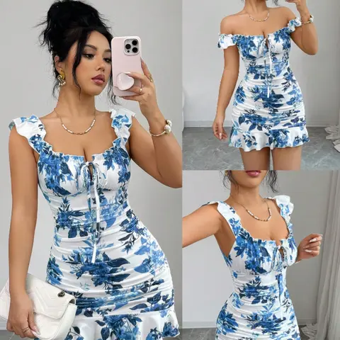 Women's Ditsy Floral Fitted Cutout Dress, Y2K Style Sleeveless Design, All-Season Wearable Fashion, Perfect for Casual & Daily