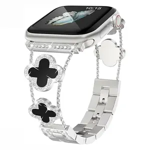 Clover Apple Watch Band for Women Gold Silver Metal Bracelet Strap, Dainty Stylish Replacement for 38mm-49mm Series SE Ultra