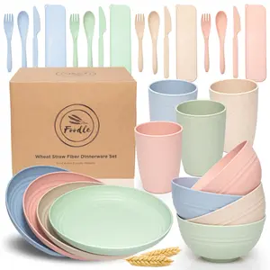 FOODLE Wheat Straw Dinnerware Set for 4 – BPA Free Plates & Bowls, Kids Dinnerware, Microwave & Dishwasher Safe, Camping & RV Essentials, Eco-Friendly Lightweight Tableware