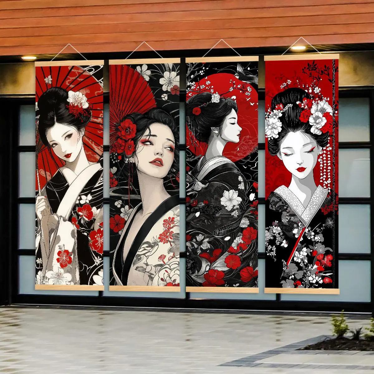 Geisha Pattern Wooden Hanging Banner, 4 Counts/set Japanese Style Poster, Fashionable Women Pattern Vintage Wall Art, Modern Art Fashion Decoration, Ornaments