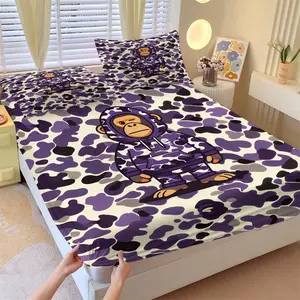 Bape Purple Camo Fitted Sheet Set, 1 Fitted Sheet and 2 Pillowcases, Trendy Street Elements with Hooded Ape Images, Soft Skin-Friendly Anti-Slip Wrinkle Resistant, Fashionable Bedroom Decor for Boys & Girls