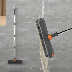 Scrub Brush with Long Handle, Floor Scrub Brush Squeegee Broom for Cleaning, 3 in 1 Shower Scrubber Floor Broom Squeegee for Concrete Tile Wall Deck Patio Grey