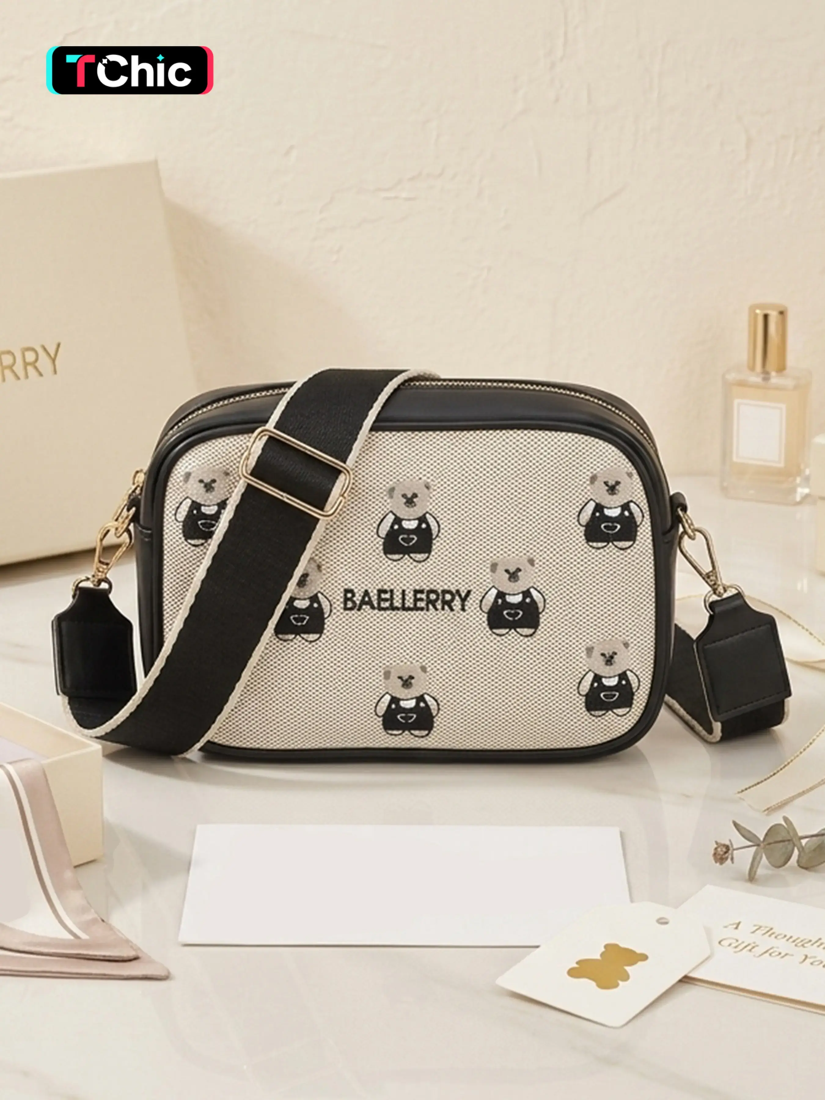 2026 New Bear Embroidery Canvas Camera Bag, Women's Fashion Crossbody Shoulder Bag, Casual Lightweight Small Square Phone Bag, Fashionable Crossbody Bag