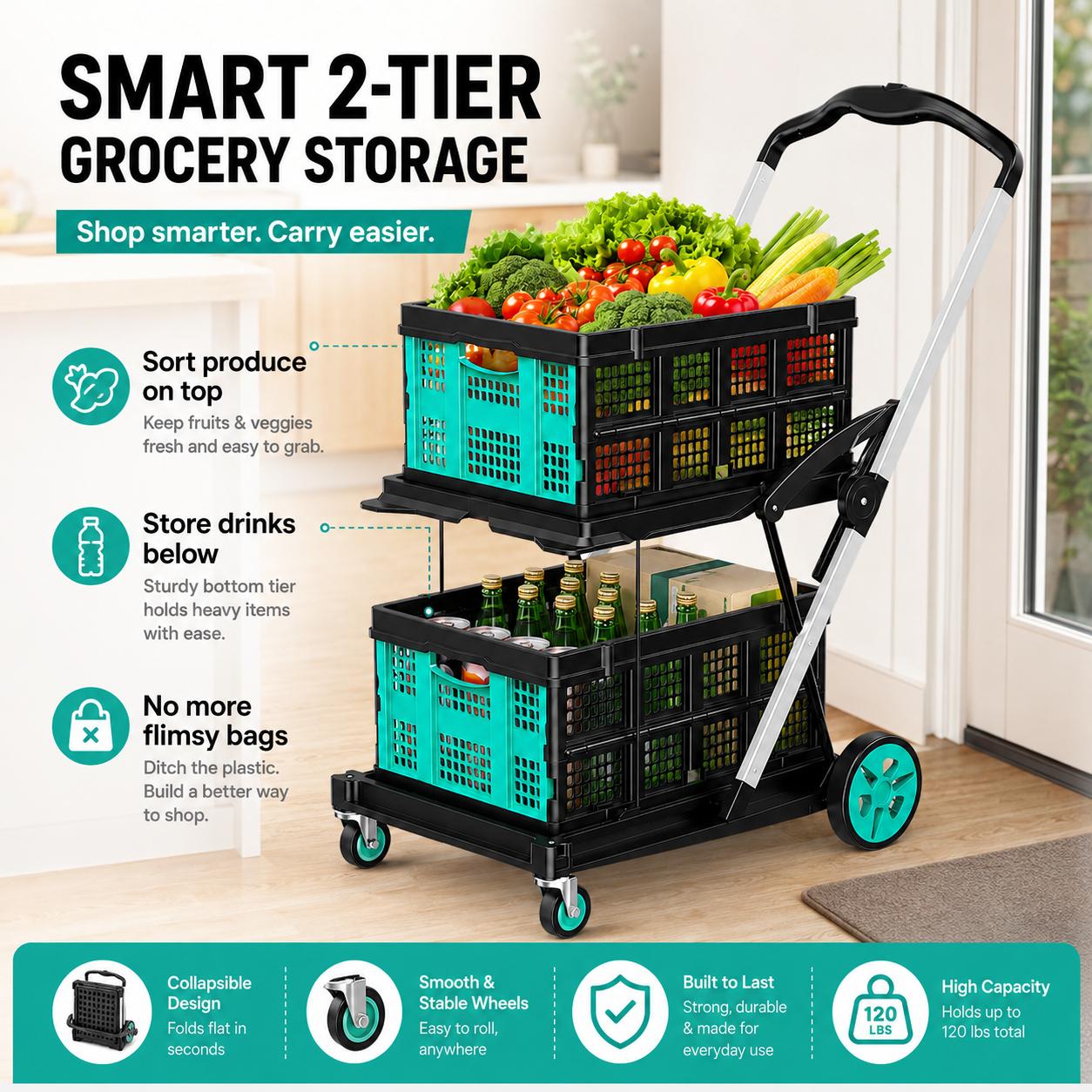 Premium Foldable Plastic Shopping Cart with Wheels, Elegant Lightweight Rolling Utility Basket for Groceries, Laundry, Travel, Camping and Home Storage, Space-Saving Portable Pull Cart