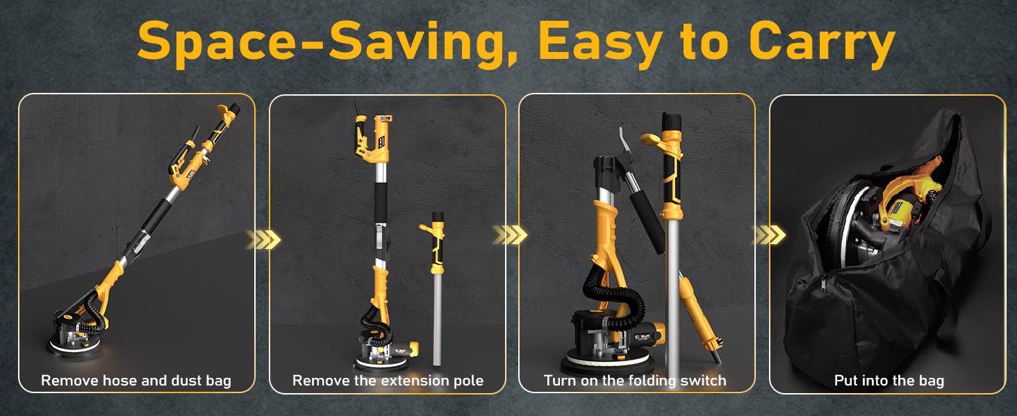 GEVEELIFE Electric Drywall Sander with Vacuum, 13000Pa Suction Power, 120° Pivoting Head & Ergonomic Handle, Foldable Wall Sander with LED Light & Dust Bag for Ceilings & Walls