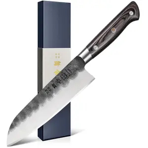 Kanngou 7 Inch Japanese Santoku Chef Knife – Professional Kitchen Knife Ultra Sharp AUS-8 Steel Knife + Ergonomic Full Tang Pakkawood Handle, Black Forged & Knives for Men, Cooking & Cutting, Christmas Gift with Premium Gift Box | Kitchenware