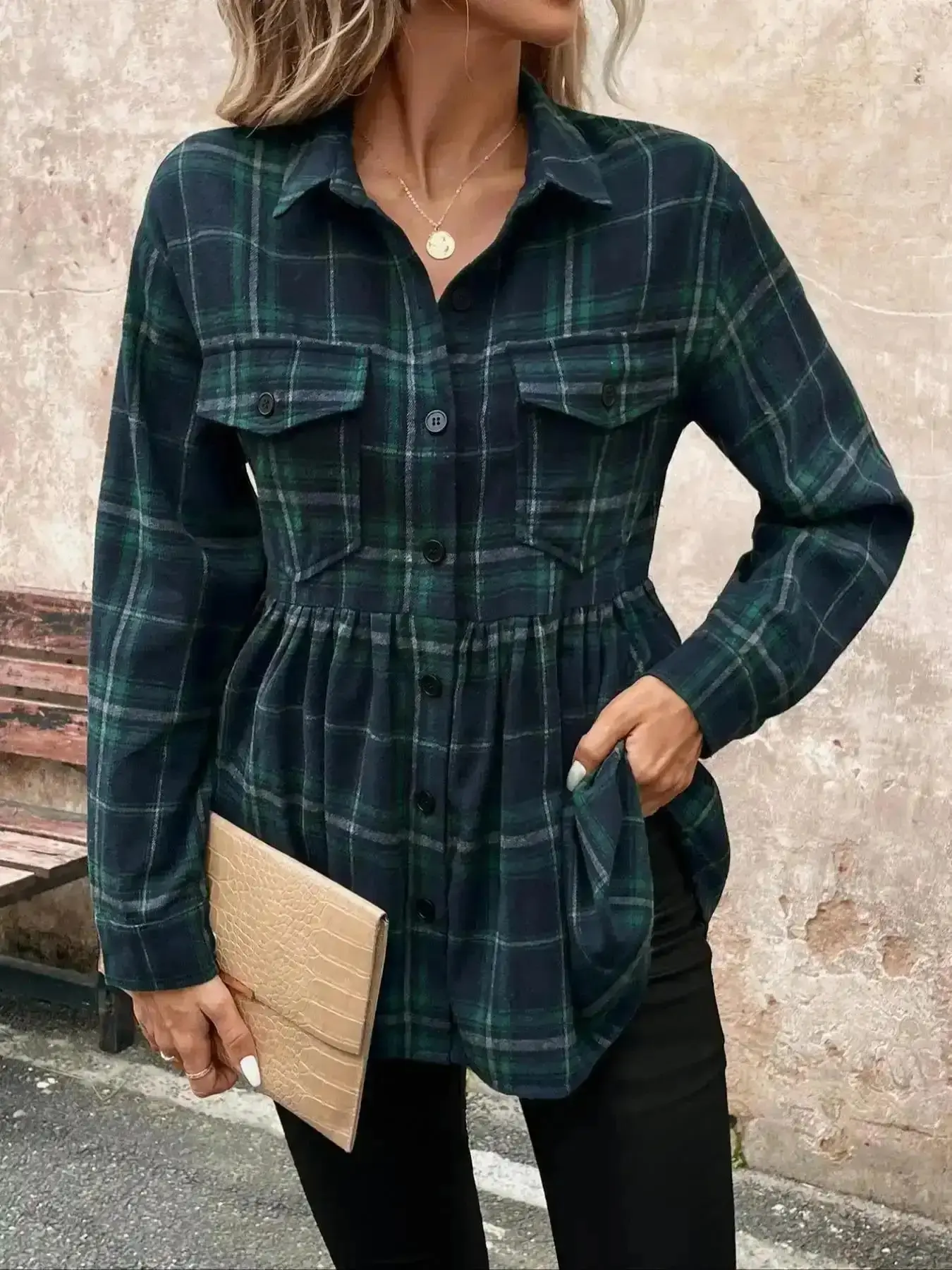 Trendy Plus Size Plaid Print Button Front Pocket Up Shirt, Casual Long Sleeve Collared Top for Fall & Winter, Girl, Women's Clothes Daily Wear, Down Everyday, Comfort Fit Essential Wardrobe Piece Casual Everyday Street