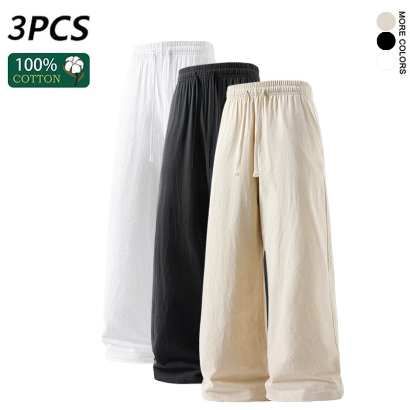 3pcs men’s wide-leg linen cotton pants, 100% cotton, elastic waist with drawstring, loose casual trousers