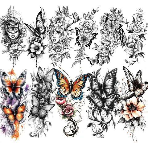 11 Sheets Waterproof Temporary Tattoo Stickers, 3D Multicolor Rose and Butterfly Designs for Arms, Chest, Abdomen, Back, Legs - Large Size, Party Gift